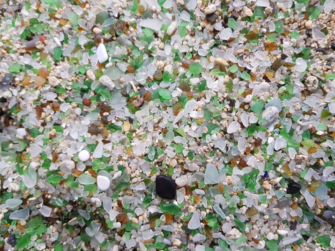 Closeup view of the Glass Beach, Praia dos Cristais, near Laxe, Coast of Death, La Coruna, Galicia, Spain