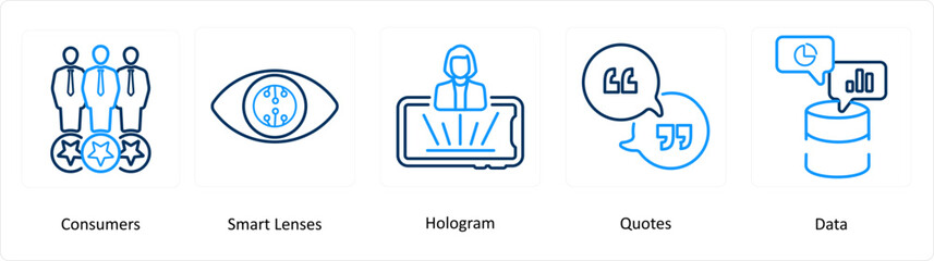 A set of 5 Virtual Reality icons as consumers, smart lenses, hologram