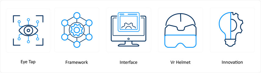 A set of 5 Virtual Reality icons as eye tap, framework, interface