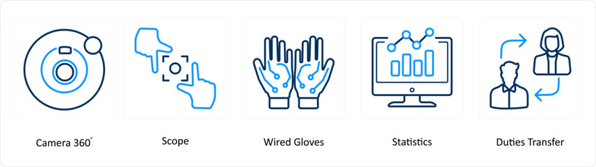 A set of 5 Virtual Reality icons as camera 360, scope, wired gloves