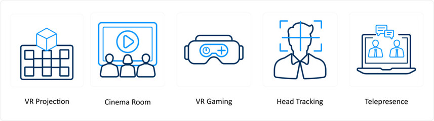 A set of 5 Virtual Reality icons as vr projection, cinema room, vr gaming