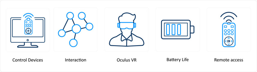 A set of 5 Virtual Reality icons as control devices, interaction, oculus vr