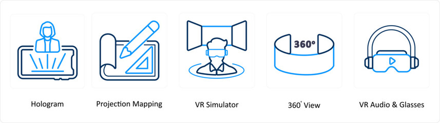 A set of 5 Virtual Reality icons as hologram, projection mapping, vr simualator