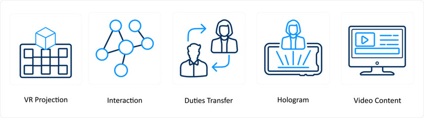 A set of 5 Virtual Reality icons as vr projection, interaction, duties transfer