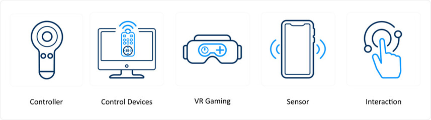A set of 5 Virtual Reality icons as controller, control devices, vr gaming