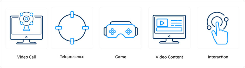 A set of 5 Virtual Reality icons as video call, telepresence, game