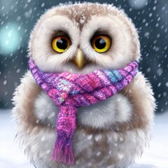 Cute cartoon owl in scarf sitting at winter, Generative AI
