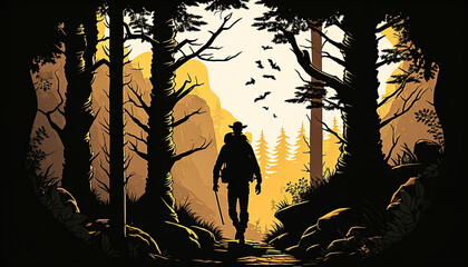 AI Generative Illustration of a Creative Photo of Silhouette of a Hiker amidst in Mountains, Forests, birds, sunset 