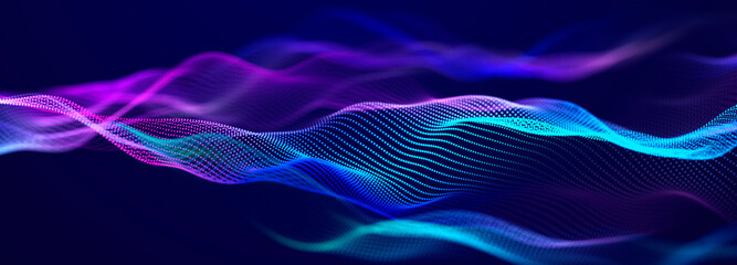 Lights background. Colored music wave. Big data digital code. Futuristic dots Illustration. 3D - obrazy, fototapety, plakaty