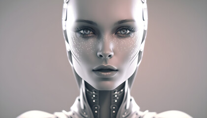 woman robot facial face grey scale white background-AI-generated