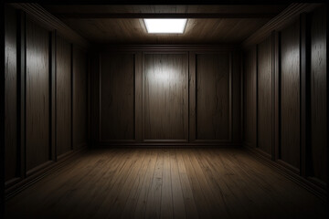 Dunkler leerer Raum aus braunem Holz mit Lichtspot, Holzraum