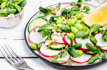 Spring vegan salad with radish, cucumber, green pea, sunflower and soy sprouts, edamame beans. Healthy diet food. Top view