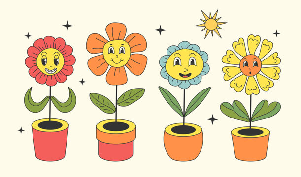 Groovy cartoon flowers in flowerpots with funny smiling faces, chamomile characters. Camomile happy emotion.