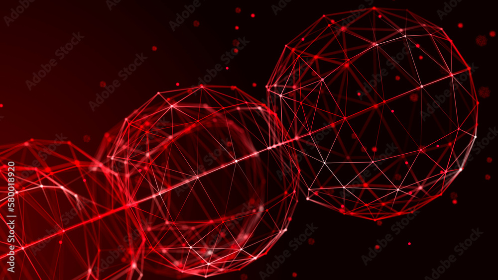Poster Abstract spheres with connected dots and lines. Illustration with elements of viruses, bacteria on a dark background. 3d