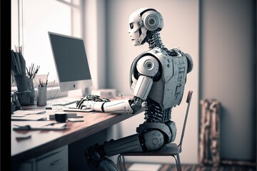 Obraz premium Humanoid robot doing office job at the desk