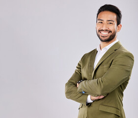 Fototapeta Mockup, business and portrait of man with smile on white background for success, leadership and confidence. Copy space, crossed arms and happy male in professional clothes for advertising in studio obraz