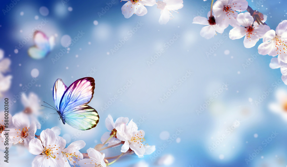 Wall mural blossom tree over nature background with butterfly. spring flowers. spring background. blurred conce