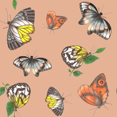 Seamless Pattern with Hand Drawn Colorful Butterflies on Pink Background. Digital Paper with Butterfly.