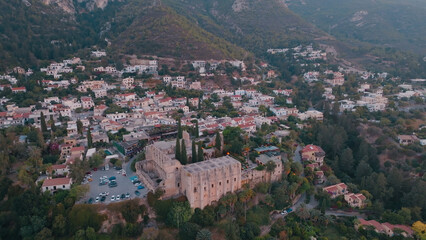 Fototapeta na wymiar Bellapais Monastery aerial sunset view in Bellapais village, North Cyprus