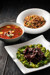 Chinese lunch set with rice, marinated beef and soup