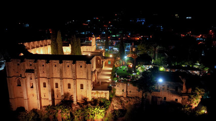 Bellapais Monastery aerial night view in Bellapais village, North Cyprus
