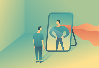 Self-esteem - person and superhero in the mirror