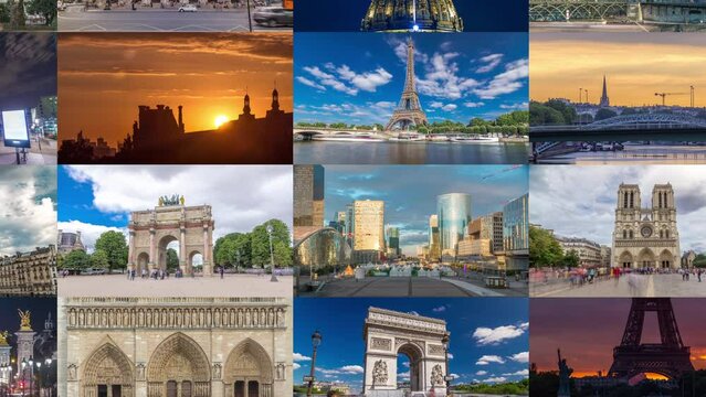 Multi Screen Collage of Paris timelapse hyperlapse, France. Collection of footage with the most famous parisian landmarks: Eiffel tower, Triumphal Arch, Notre Dame, defense skyscrapers, etc
