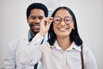 Optometrist, client and glasses portrait for vision, mirror pov and customer service with new lens frame. Face of happy black woman, professional person or doctor for eyes healthcare and store test