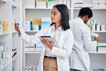 Pharmacy stock tablet, Indian pharmacist and nurse checklist of medicine and pills. Woman, digital work and pharmaceutical products in a retail shop or clinic with healthcare and wellness employee