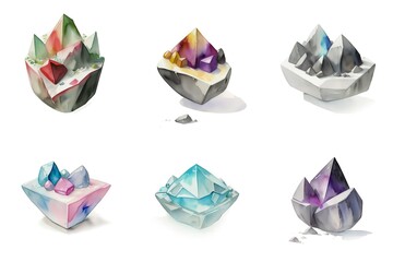 Exquisite Color Gemstone Set, Uncut Shiny Gems on Rock Collection, Valuable Treasure, Watercolor Style Illustration on White, Generative AI