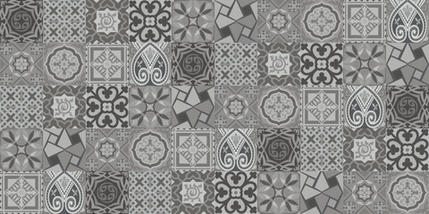 Traditional ornate portuguese decorative tiles, gray colors. Mega Gorgeous seamless patchwork pattern from colorful Moroccan, Portuguese tiles, Azulejo, ornaments.