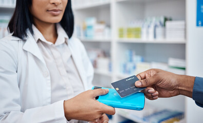 Credit card, hands and tap machine for retail, healthcare and people in pharmacy drug store with payment. Money, technology and shop for prescription medicine, health insurance and customer buying