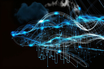 Data transfer cloud computing technology concept, virtual data cloud, internal connections of data nodes, abstract blue cloud, black background