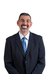  Portrait of a bearded man in a suit looking at the camera on a white background.