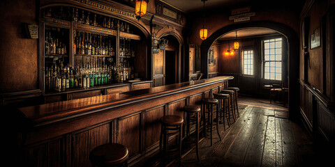 old pub bar scene. Wide format. Hand edited generative AI. - obrazy, fototapety, plakaty