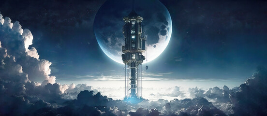 Space elevator.  A large tower extending above the atmospherical clouds. A space station or Space transit gateway. Moon in the background. Future technoloigies. Generative AI.