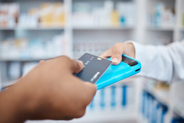 Credit card, hands and payment tap technology for retail, healthcare and people in pharmacy drug...