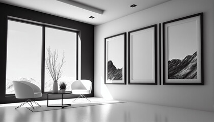 black and white interior minimal with frames - 580023792
