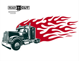  Classic american semi truck. Isolated vehicle with fire flame on white background. Ready for printing and cutting (Cricut, Silhouette, Cameo). 