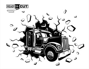  Classic american semi truck. Isolated vehicle with crashed wall, hole crash on white background. Ready for printing and cutting (Cricut, Silhouette, Cameo). 