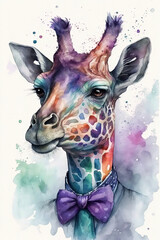 Giraffe wearing Bow ties, Psychedelic Illustration. Generative AI