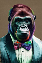 Gorilla wearing Bow ties, Psychedelic Illustration. Generative AI