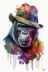 Gorilla wearing Hat, Psychedelic Illustration. Generative AI
