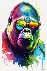 Gorilla wearing sunglasses, Psychedelic Illustration. Generative AI