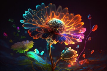 Vibrant Neon Flower on Black Background