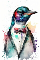 Penguin wearing Bow ties, Psychedelic Illustration. Generative AI