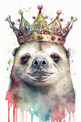Sloth wearing crown, Psychedelic Illustration. Generative AI