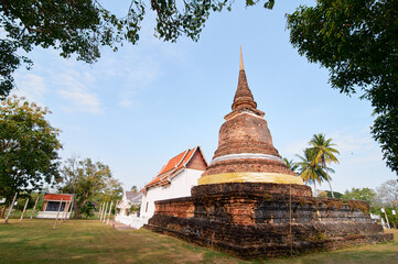 Naklejka premium Sukhothai, Pagoda at One of the famous temple in Sukhothai,Temple in Sukhothai Historical Park, Sukhothai Province,Thailand. UNESCO world heritage