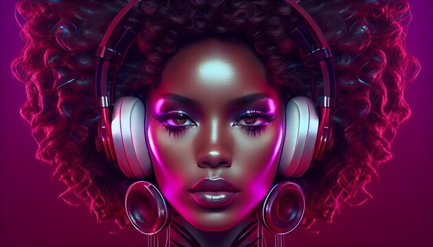 Portrait of a young african or Happy igen teen hipster pretty fashion girl model wear stylish headphones enjoy listen new cool music mix stand. Generative AI