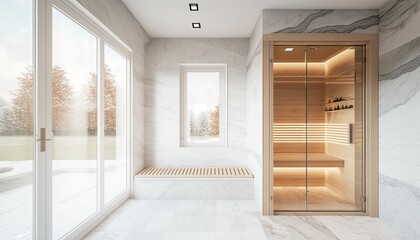 Sauna interior, with marble walls, scandinavian style. Ai Generative.
